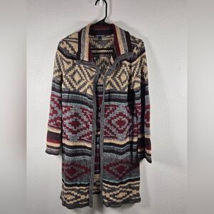 Cable & Gauge Cream, Red, & Gray Geometric Patterned Open Front Cardigan Size S